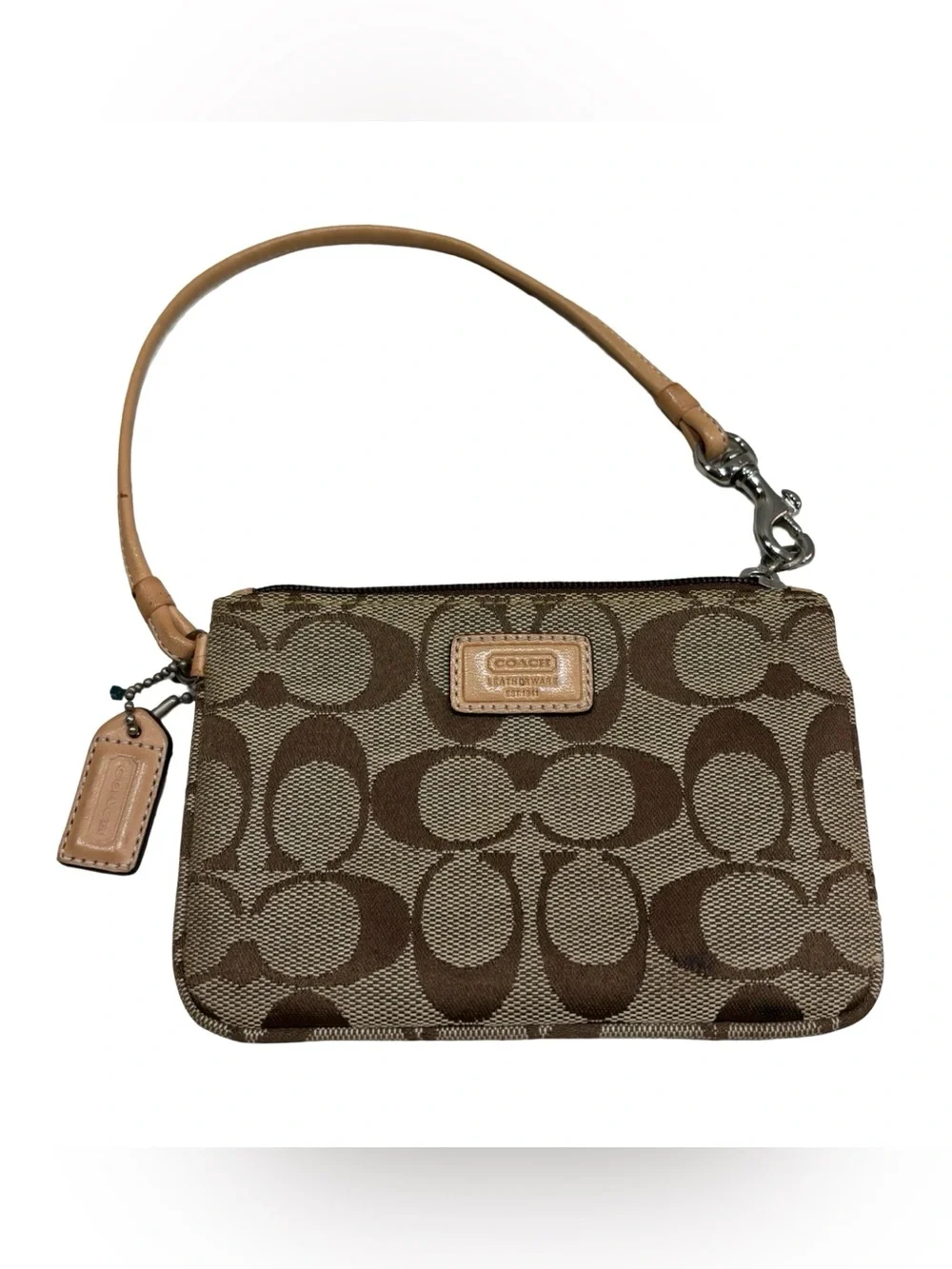 Vintage Coach Brown Signature Canvas Wristlet with Tan Leather Strap